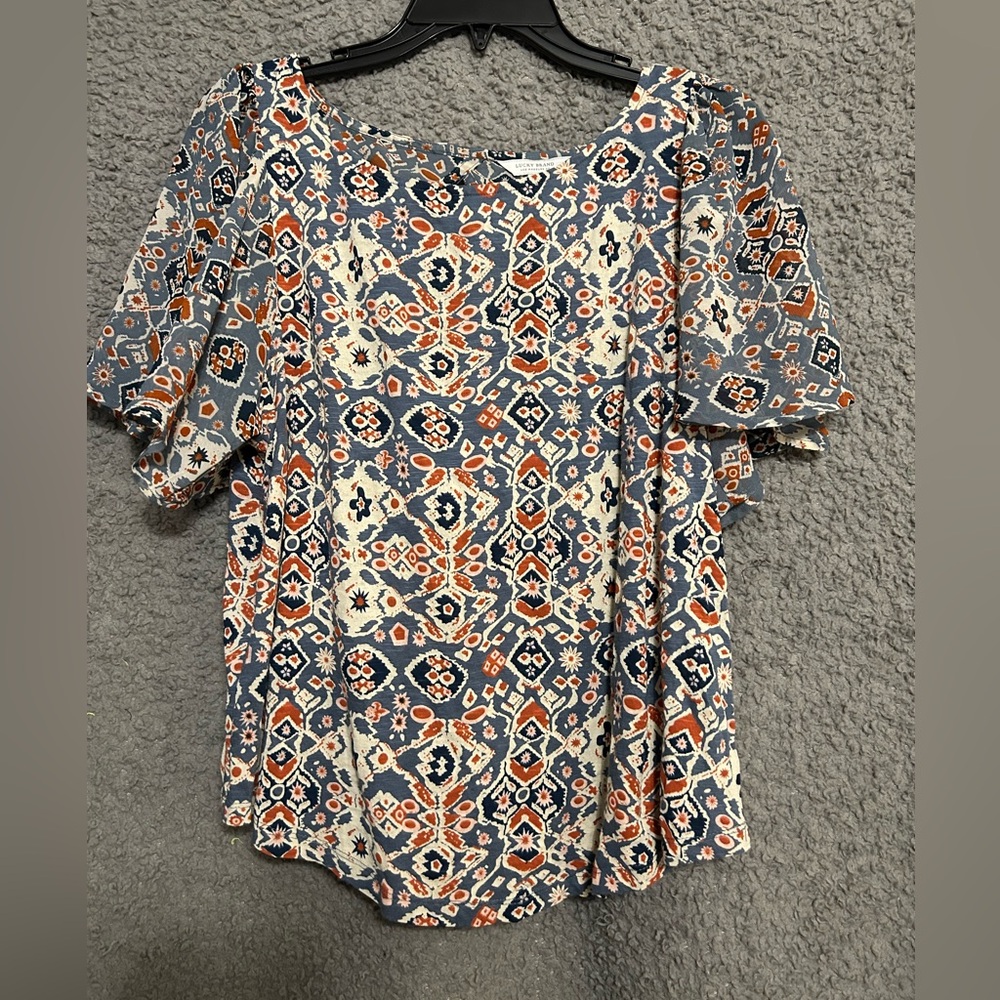 Lucky Brand Blue and Orange Geometric Blouse